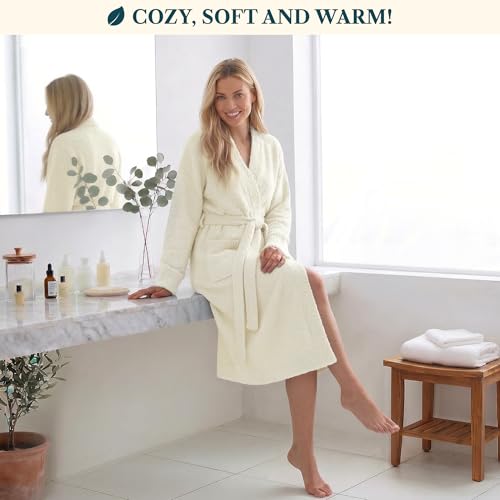 Image of PAVILIA Premium Plush Robe for Women, Soft Cozy Fuzzy Bathrobe with Pockets, Warm Mid-Length Lounge Robe with Tie Belt