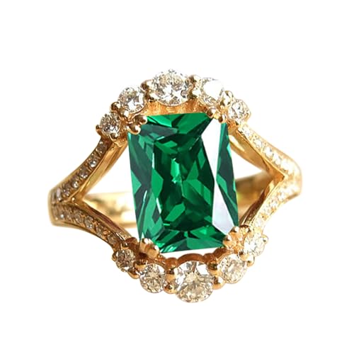 18K Gold Plated Emerald-Cut Statement Rings for Women,Green Simulated Emerald Round White Cubic Zirconia Engagement Promise Ring Size 6-10