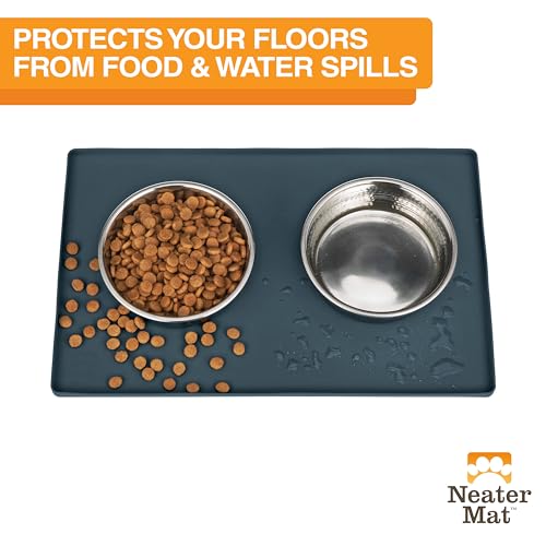 Image of Neater Pet Brands Neater Mat Pet Mats for Food and Water, Cat & Dog Bowl Mat Waterproof Silicone, Feeding Tray, Dog Food Mats for Floors, Placemat w /Raised Edge for Under Bowls, 19 inch x 12 inch, Slate Blue