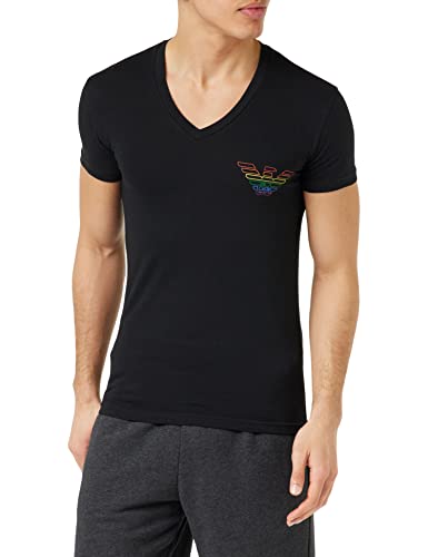Emporio Armani T- Shirt à col en V avec Logo Rainbow, Noir, S Homme