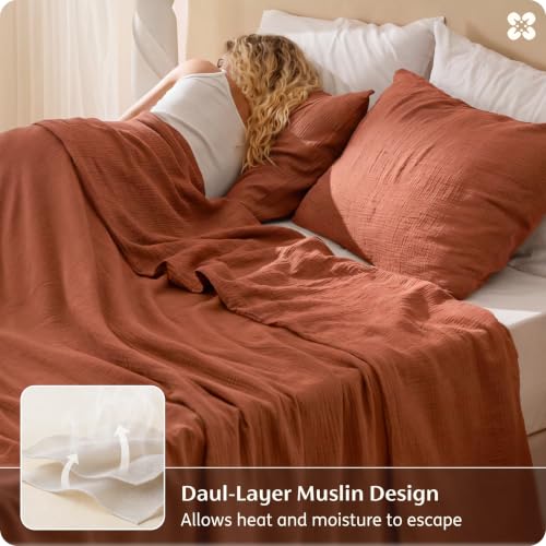 Image of Bedsure 100% Muslin Cotton Duvet Cover King Size - Ultra-Soft Gauze Duvet Cover, PureWoven Breathable & Lightweight Bedding Set with Button Closure and Corner Ties (Terracotta, King, 104 inchx90 inch)