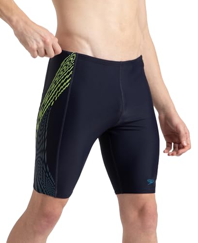 Image of Speedo Men Endurance10 Tech Print Placement Panel Jammer - True Navy, Hyper Yellow & Dark Teal