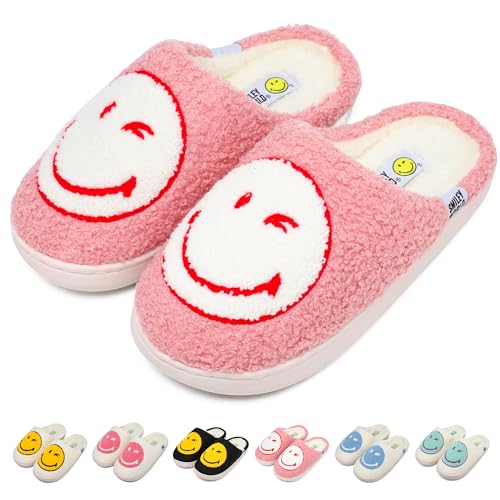 SMILEYWORLD Kids SlippersBoys Girls Smiley Face House SlippersWinter Warm Soft Plush Indoor Outdoor Memory Foam Fuzzy Flat SlidesComfy Slip-on Shoes(Pink White 12-13 Little Kid)