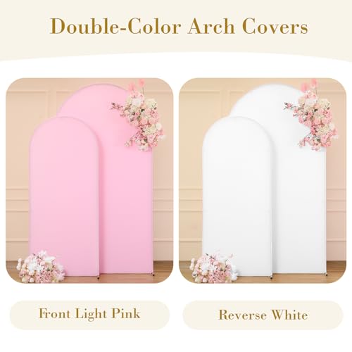 Image of White Pink Arch Cover Set of 2-7.2 and 6ft Arch Backdrop Cover Spandex Wedding Arch Stand Covers for Bridal Shower Baby Shower Girls Birthday Party Banquet Photo Arch Covers Stretchy Backdrop