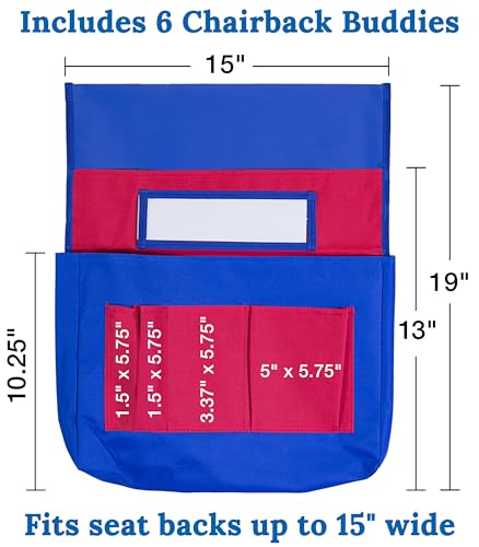 Carson Dellosa 6-Pack Blue and Red Chairback Buddy Pocket Chart Set, 15" x 19" Back of Chair School Supplies Pocket Organizer With Name Tag and 6 Chair Pockets for Classrooms, Classroom Organization - Image 2