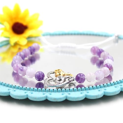 Image of Double Elephant Heart Charm Natural Crystal Bracelet, Treatment Stone Bracelet Calm Stretch Bracelet Women's Stress Relief Gift for Moms I Love You Couple Jewelry