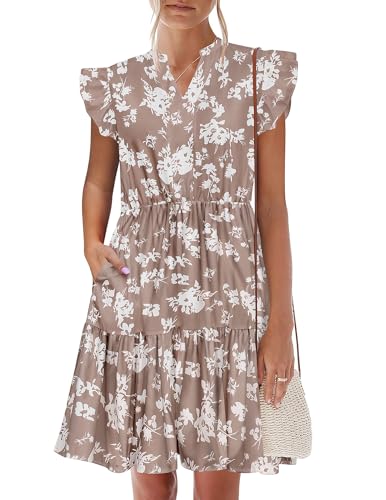 Image of HOTOUCH Women Summer Dress Short Ruffle Sleeve Dress Tiered Mini Dress with Pockets，Black Flower Print L