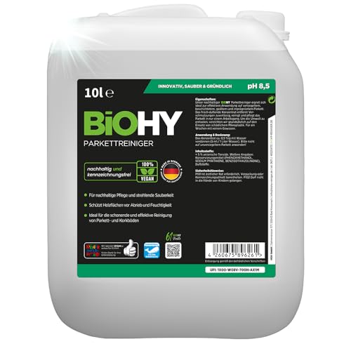 BiOHY Parkettreiniger (10 Liter Kanister) | Konzentrat für versiegeltes & geöltes Parkett | materialschonend & schmutzlösend | für eine streifenfreie Reinigung | 2 in 1 Pflege & Reinigungsmittel