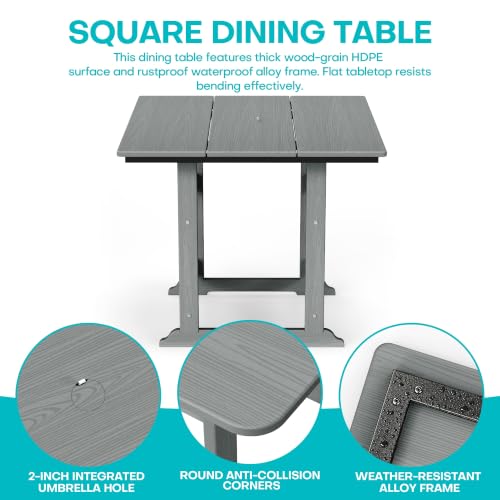 Image of 8 Piece Patio Dining Set, HDPE All-Weather Furniture with 6 Chairs & 2 Square Table, for Backyard, Garden, Gray