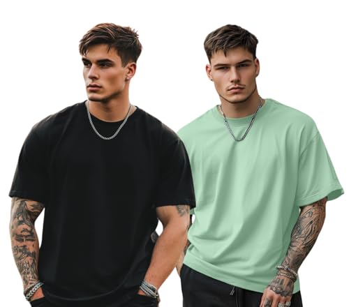 Image of Veirdo Solid Oversized 100% Pure Cotton Combo T-Shirt for Men & Boys (Half Sleeves, Round Neck, Drop Shoulder, Baggy Fit, Pack of 2, Available in S to 2XL