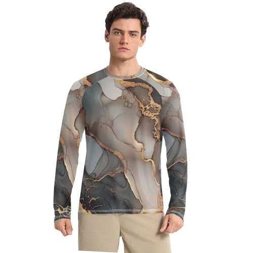 Marble Brown Grey Sun Protection SPF Rash Guard Shirt Elastic Round Neck Men's Sun Protection Long Sleeve Summer