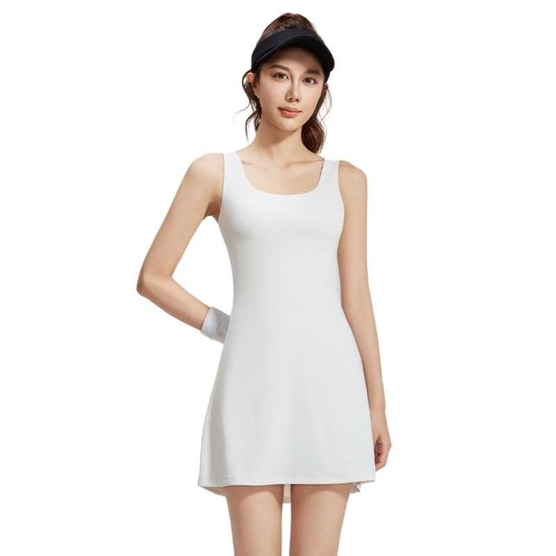 fierre shann Women's One-Piece Sports Sleeveless Tennis Skirt with Built-in Chest Pad, Round Neck Solid Color Yoga Dress White-picture-35