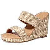 mikarka Slip On Wedge Sandals for Women Open Toe Espadrilles Platform Slides Dressy High Heel Beach Summer Sandal Comfortable Wedges Shoe Mules Brown Raffia US Size 7
