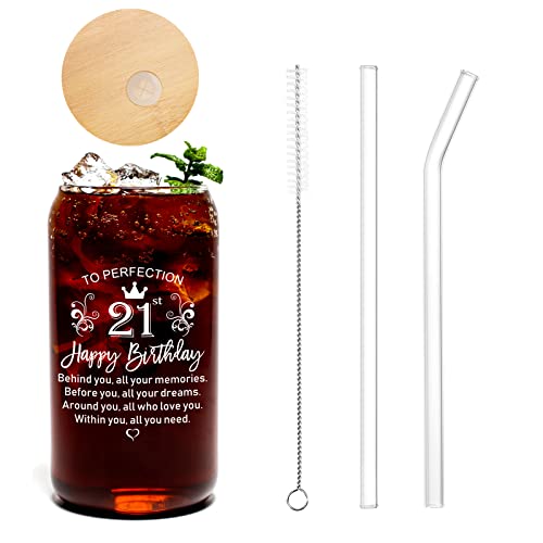 21St Birthday Gifts For Her, Happy 21St Birthday Decorations For Her, Funny 21 Year Old Birthday Gift Ideas For Her, Friends, Sister, Daughter - 16 Oz Can Shaped Glass Cups With Lids And Straws #TOP1