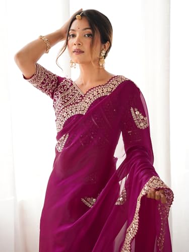 Image of Satrani Women's Tissue Silk Sequin Embroidery Scalloped Border Saree with Unstitched Blouse Piece