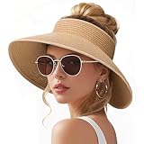 Sun Visors Hats for Women, Fashionable Straw Beach Hat with Wide Brim, Sun Hat UPF 50+ UV Protection, Roll-Up Ponytail Straw Summer Hat Foldable Travel