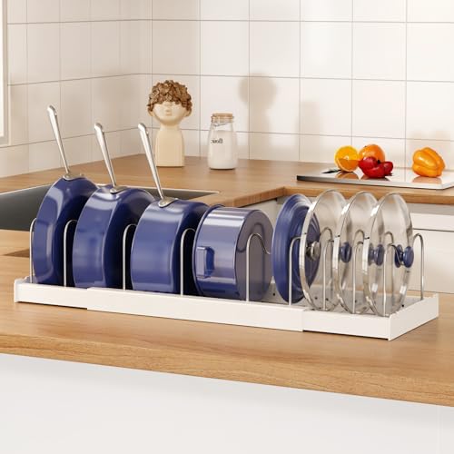 Magheo Expandable Food Storage Container Lid Organizers, 22" Pots and Pans Organizer Under Cabinet with 9 Adjustable Dividers Pot and Pan Lid Holders Rack Inside Cabinet(White,1 Pack) by Magheo - Used condition - US$14.54