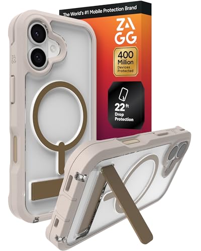 Image of ZAGG Rainier Case with Kickstand for iPhone 17 - Gray Sandstone, Graphene 22ft (7m) Drop Protection, Lanyard Attach Points, MagSafe, Wireless Charging Compatible, 2-Piece Design, Phone Case
