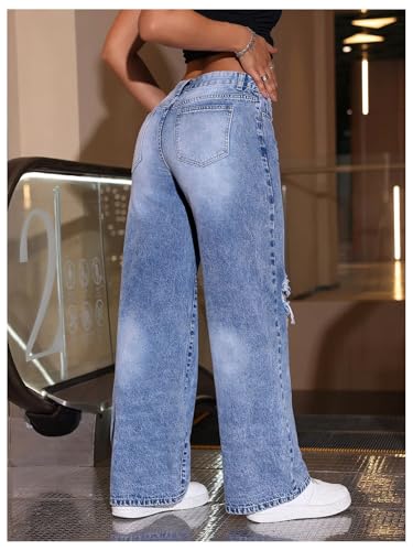 Floerns Women's Low Waist Distressed Denim Pants Wide Leg Casual Baggy Jeans3