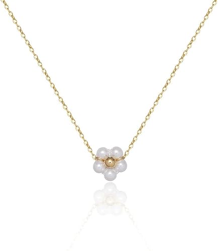 Cosfog Daisy Flower Choker Necklace, 18K Gold Plated Handmade Beaded Tiny Pearl Choker Necklace Chain, Small Cute Pearl Pendant Necklace for Women