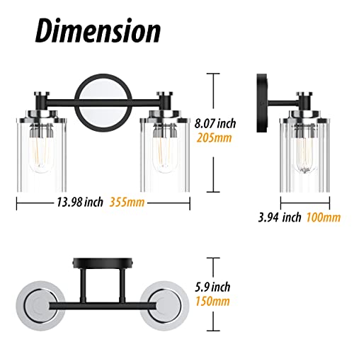 Image of Bathroom Lighting Fixtures Black and Chrome Bathroom Vanity Light with Cylindrical Clear Stripes Glass Lampshade E26 Socket Base Bathroom Lighting Fixtures Over Mirror (2 Lights)