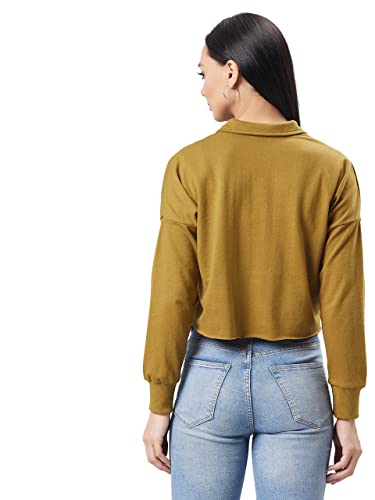 Image of Dolce Crudo Women's Olive Round Neck Full Sleeve Solid Boxy Printed Crop Sweatshirt