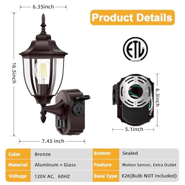 2 Pack Porch Lights with Outlet, Motion Sensor Outdoor Lights, Updated Dusk to Dawn Exterior Lighting Fixtures, Waterproof Anti-Rust Aluminum Outside Light for House Entryway Garage, Brown
