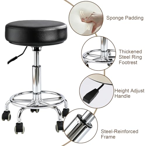 Image of Rolling Stool with Wheels - 500lbs,Thick 9.5cm Cushion, Height Adjustable | PU leather|Swivel silent rubber casters|Foot pedal ring|space-saving|For Drafting salon tattoo clinic garage home office