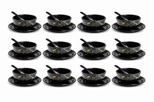 Image of Ariya Melamine Soup Bowl Set of 12 (Black /Golden, 350 ml) with Spoon & Saucer|Microwave & Dishwasher Safe|Premium Serving Bowls for Soup, Noodles, Cereal, Pasta & Oatmeal|Durable,Serving Bowls Sets