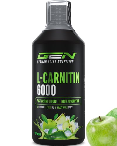 L-Carnitina 6000 Líquido - 1000 ml - Dosis extra alta con 6000 mg de L-carnitina pura por ración diaria - Bebida aminoácida para el entrenamiento - Sabor delicioso (Crazy Apple) - Vegano