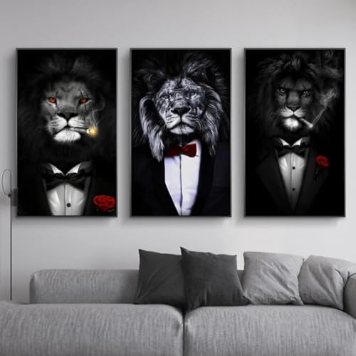 Lion sauvage noir costume art mural toile triptyque pour habiller un grand mur