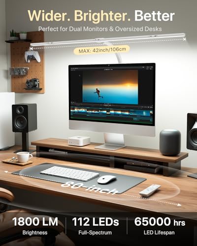 Image of ONEMIX 42 inch LED Desk Lamp for Home Office, Eye-Caring Desk Light with Adjustable 4-Segment Bar, 1800LM Bright, Remote, Architect Table Lamp with Base for Dual Monitors, Reading, Study, Workbench(White)