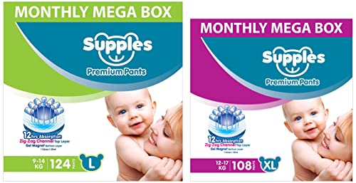 Image of Supples Baby Diaper Pants, Monthly Mega-Box, Large, 124 Count&Supples Baby Diaper Pants, Monthly Mega-Box, X-Large, 108 Count
