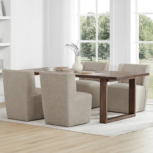 Upholstered Dining Chairs Set of 4 with Casters, Wingback Modern Side Armless Deskchair with Rollers for Diningroom Bedroom Livingroom Reading Room, Linen Fabric
