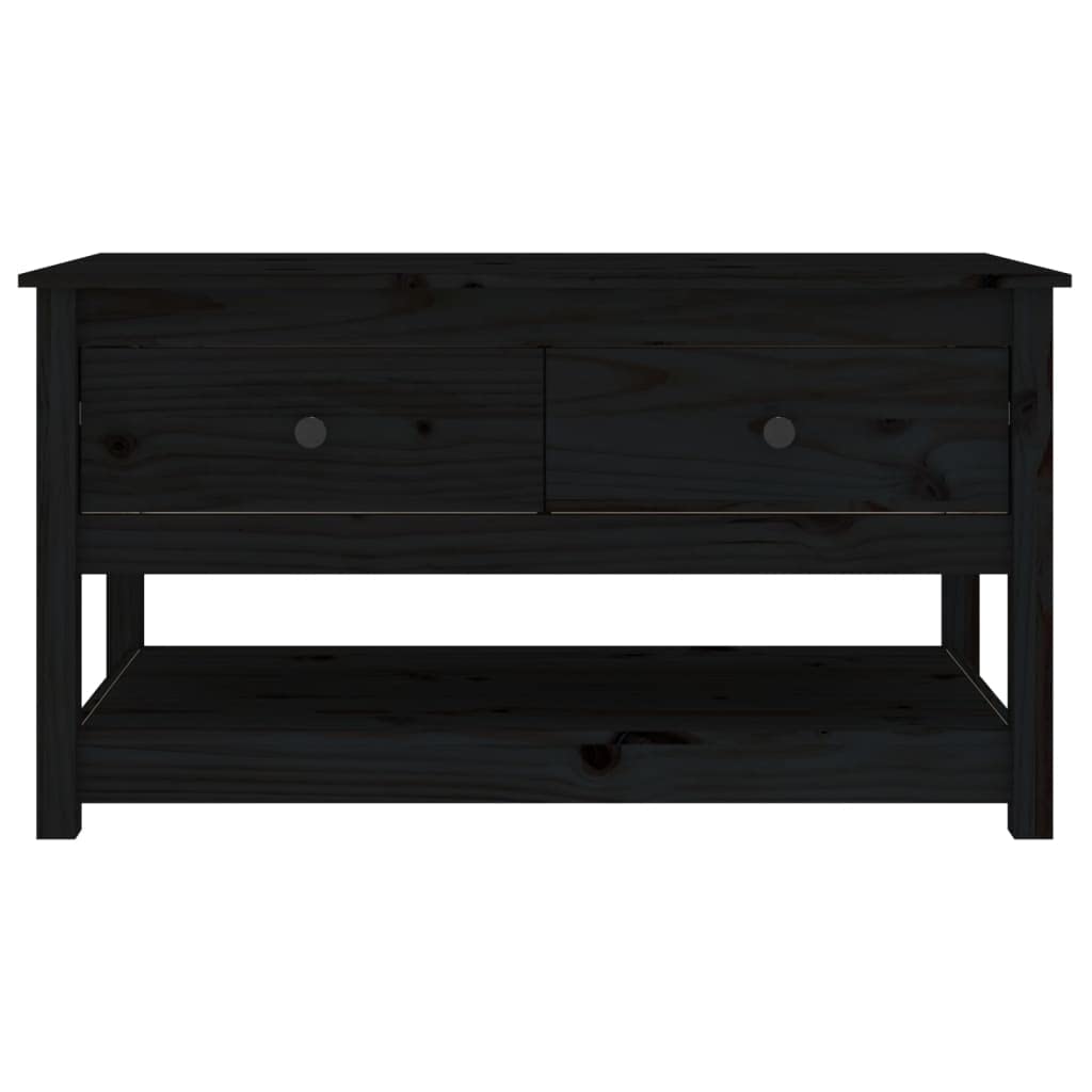 Mesa de centro negra 102 x 49 x 55 cm de madera maciza de pino diseño moderno con 2 cajones y estante abierto, mesa auxiliar robusta para salón, dormitorio y oficina
