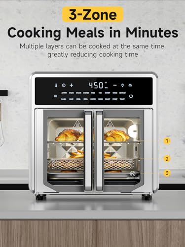 Air Fryer French Door Oven,15.8 Qt Toaster Oven Countertop Combo,18 Presets & 1 Preheat & Light, Airfryer Basket,Wire Rack,Baking Pan,Crumb Tray,Compact Design,Stainless Steel,Small