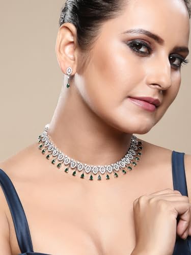 Image of ASMITTA Jewellery Green Stone Jewellery Set for Women American Diamond Necklace Set & Green Earrings for Women Stylish