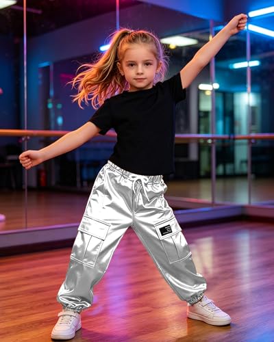 Image of SANGTREE 2 Piece Outfits Girls, Cute Black Short Sleeve+ Silver Metal Cargo Jogger Pants with Multi Pockets Elastic Waist, X-Large