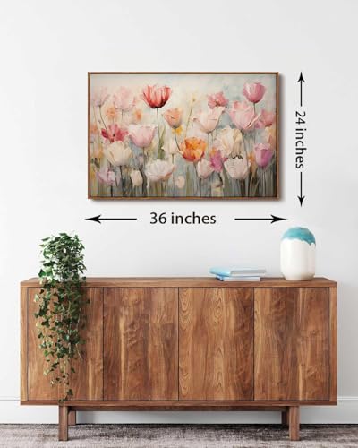 Image of KISSFOX Vintage Framed Wall Art Decor Rustic Blush Tulips Flowers Pictures Wall Decor Colorful Botanical Canvas Art Prints Farmhouse Still Life Paintings Artwork For Bedroom Kitchen Living Room
