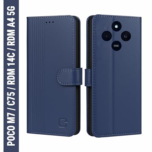Image of AIBEX Shock Proof Flip Compatible for Redmi 14C 5G /Poco M7 5G /Redmi A4 5G /Poco C75 5G Flip Cover Leather Finish|Inside TPU with Card Pockets|Wallet Stand|Complete Protection Flip Case - Blue