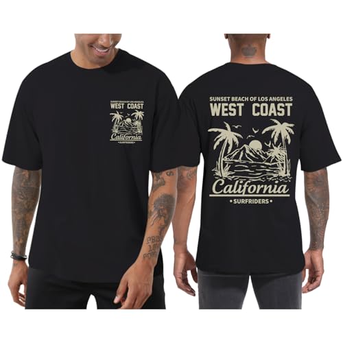 Reuseket Mens Graphic T-Shirts California Beach Baggy Shirts West Coast Vintage Aesthetic Shirt Summer Casual Oversized Tees(Black L)