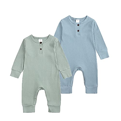 Image of BeiVSlley Newborn Baby Boy Girl 2 Pack Button Solid Romper Infant Long sleeve Knit Cotton Footless Outfits Clothes