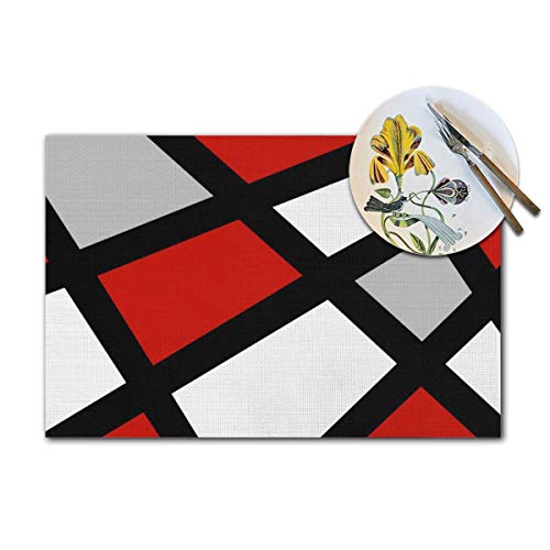 Hamiltonna Woven Vinyl Placemats For Dining Table Set Of 6 Pvc Place Mats Heat Insulation Tablemats Table Mats (6 Pcs, Red Gray Black White Geometric Square) #TOP3