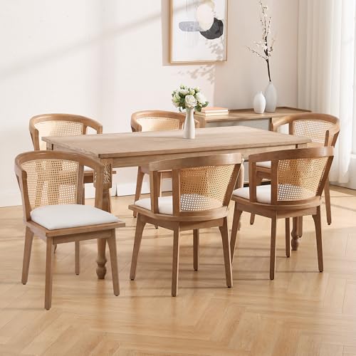 Image of BESTANO Rattan Dining Chairs Set of 6, Mid Century Modern Farmhouse Wood Dining Room Chairs, Upholstered Comfortable Kitchen Dining Side Chair with Cane Woven Back, Beige Linen