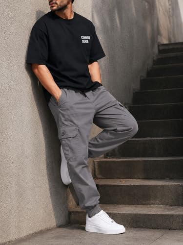 Image of Men's Cotton Cargo Pants | Cargo Trousers with Flap Buttoned Pocket | Elastic Waist Drawstring Casual Cargo Pants | Regular Fit Outdoor Travel Streetwear Bottom Wear