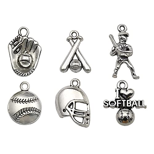 60PCS Baseball Charms Collection - Mixed Antique Silver Rugby Player Bat Glove Metal Alloy Pendants for Jewelry Making DIY Findings(CFM225)