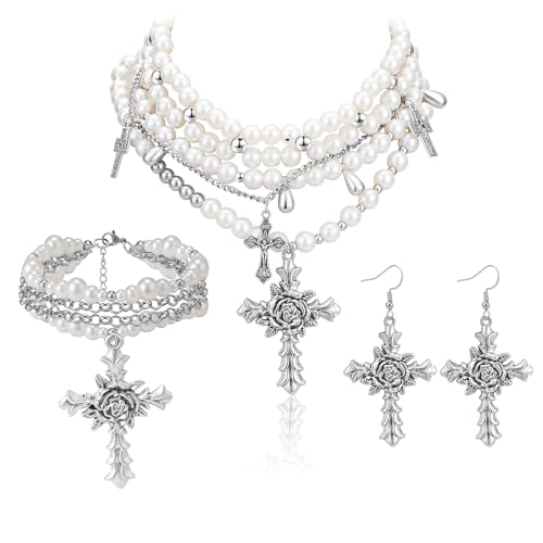 KURTCB Layered Pearl Cross Jewelry Set Statement Chunky Y2k Gothic Pearl Necklace and Earrings Bracelet for Women