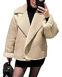  Générique Veste en daim imitation peau de mouton retournée pour femme – Manteau d\'hiver court à revers vintage avec doublure polaire douce