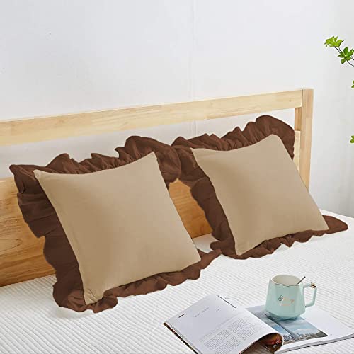 Image of YRM Bedding's Ruffle Beautiful Cushion Cover | Super Soft Elegant Premium Microfiber Frill Cushion Cover Set of 2 (20 inchx20 inch Inches) (Beige /Chocolate Brown)