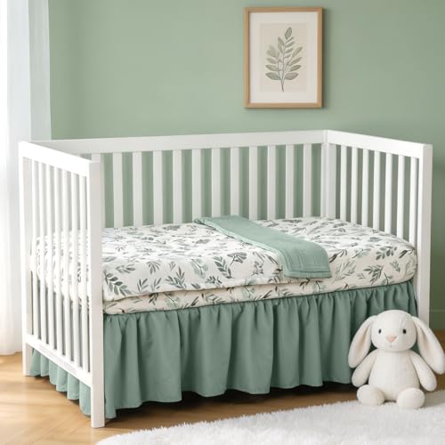 Image of Organic Cotton Muslin Baby Crib Bedding Set 3 Piece Soft for Infant Newborn Toddler Boys Girls 52 inchx28 inch, Nursery Bed Quilt Set Decor with Fitted Crib Sheet, Leaves Quilted Comforter Blanket, Bed Skirt